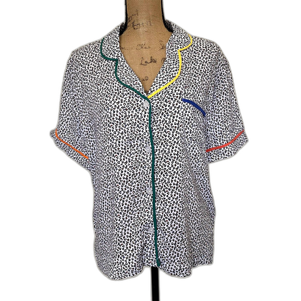 Room Service Button Up‎ Pajama Top White Multicolor Leopard Print Size Small